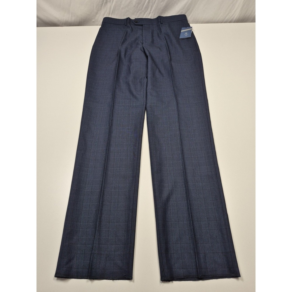 Leonardo Valenti Dress Pants Mens 38x36 Blue Wool Pleated Straight Plaid NWT